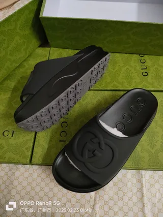 Gucci Slide Black Molded Rubber Interlocking G Logo Slippers 9