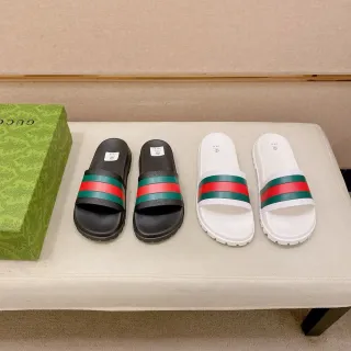 Gucci Slide Black White Rubber Sole Web Stripe Strap Slippers