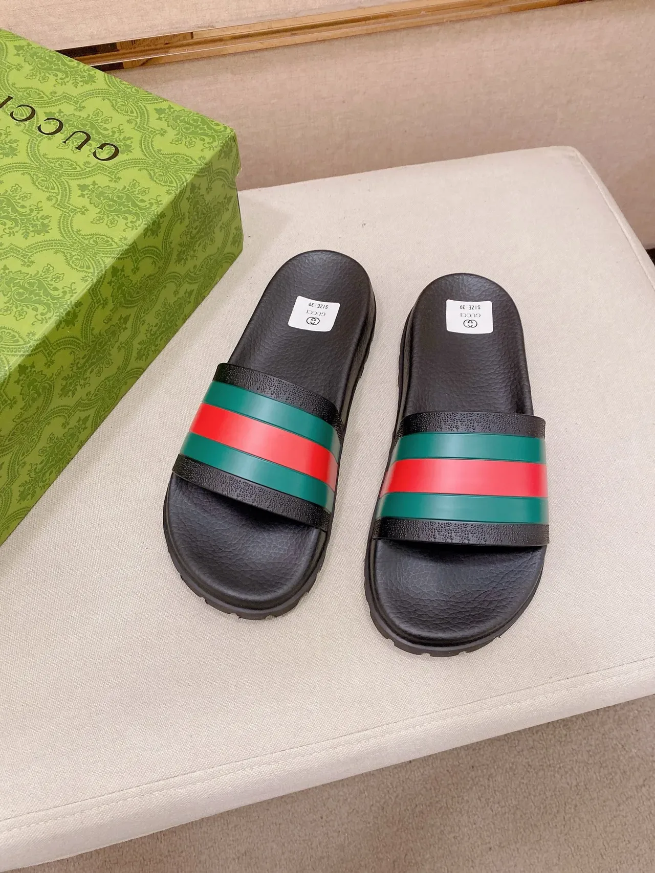 Gucci Slide Black White Rubber Sole Web Stripe Strap Slippers 6