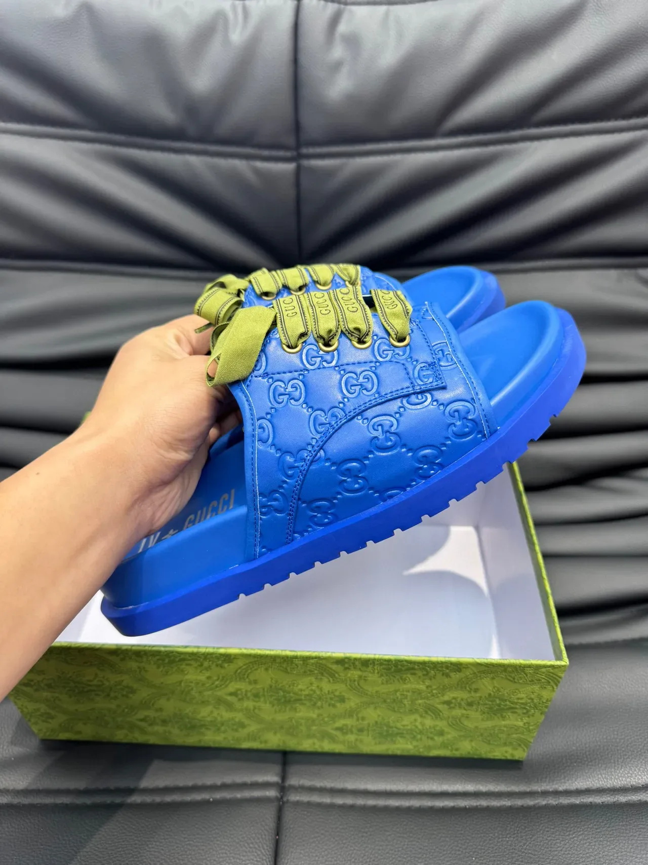 Gucci Slide Blue Green Embossed GG Monogram Molded Rubber Sole Slippers 6