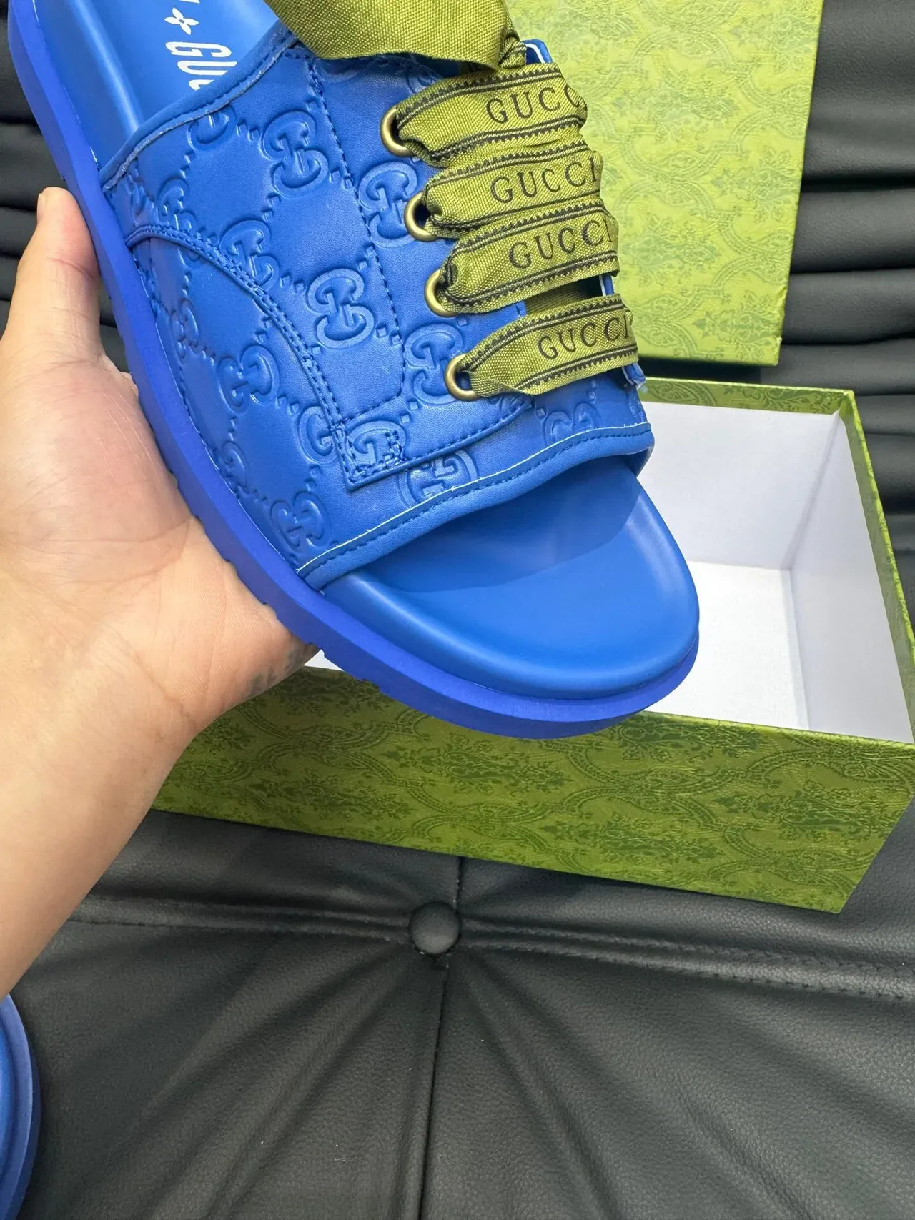 Gucci Slide Blue Green Embossed GG Monogram Molded Rubber Sole Slippers 7