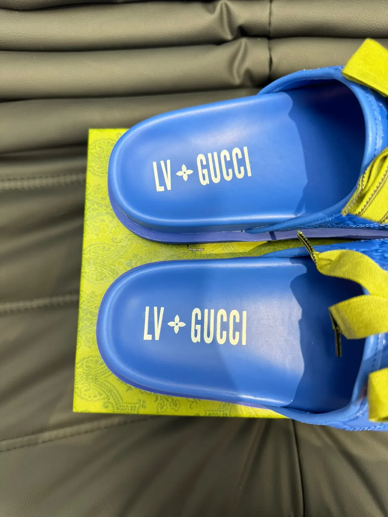 Gucci Slide Blue Green Embossed GG Monogram Molded Rubber Sole Slippers 8