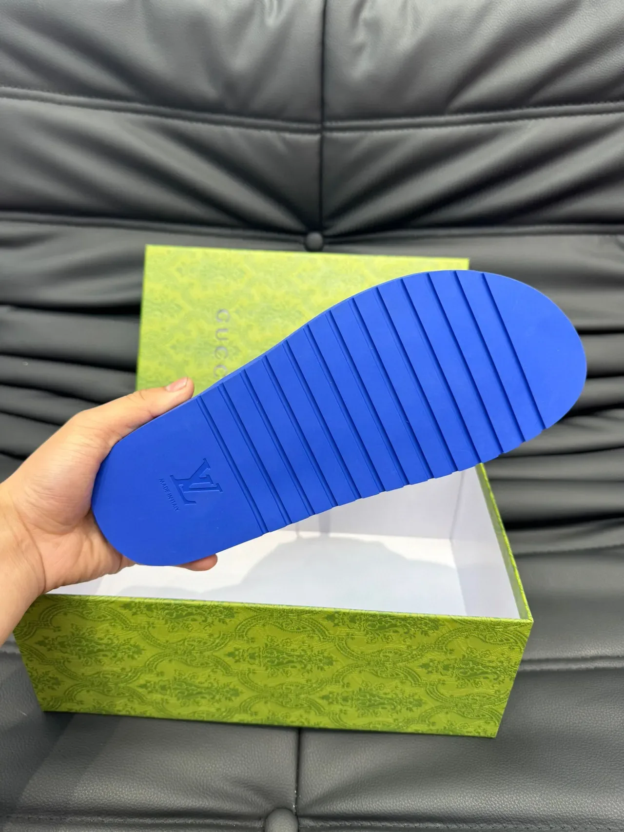 Gucci Slide Blue Green Embossed GG Monogram Molded Rubber Sole Slippers 9