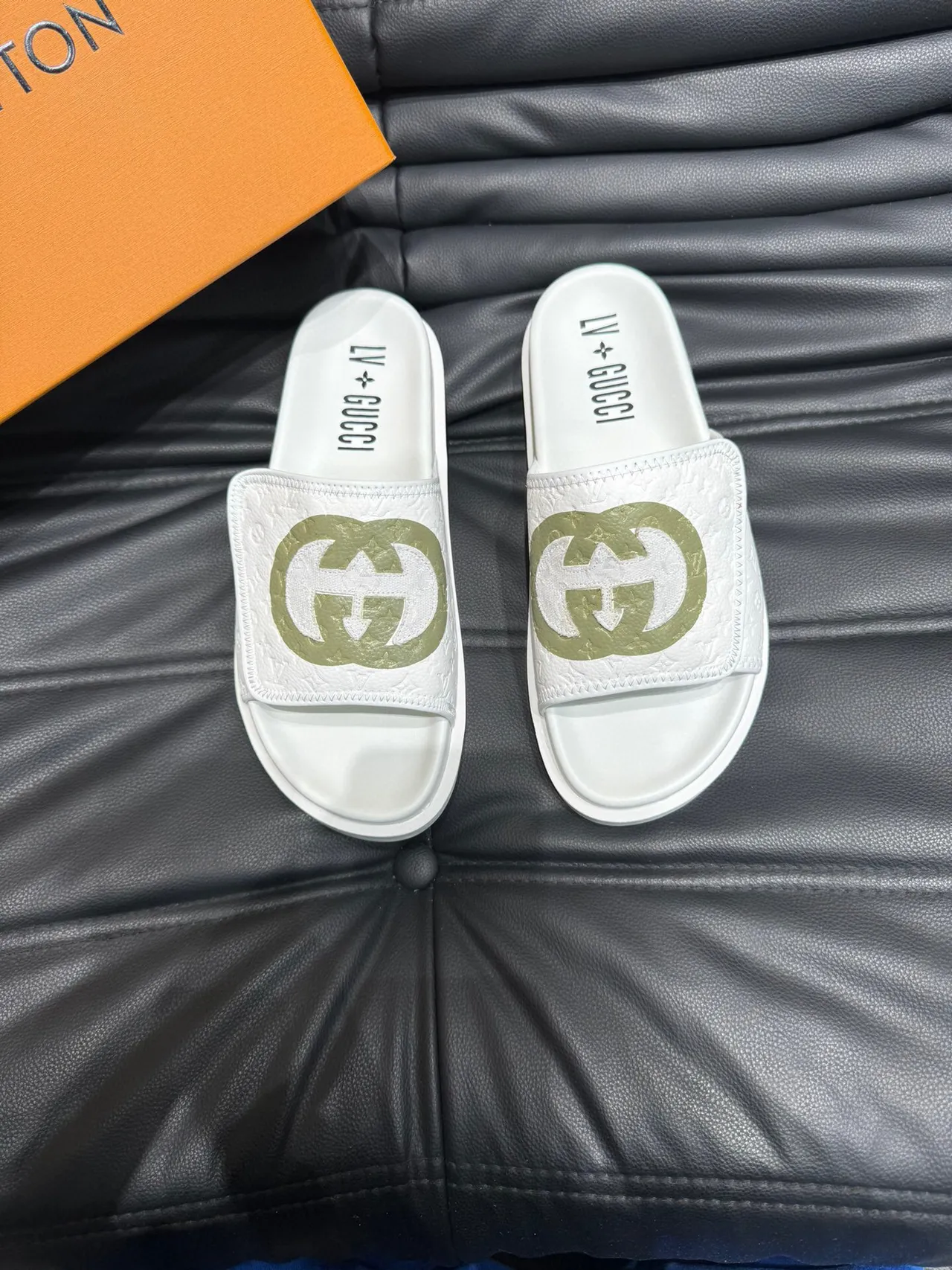 Gucci Slide White Army Green Embossed Monogram Interlocking G Logo Slippers 2