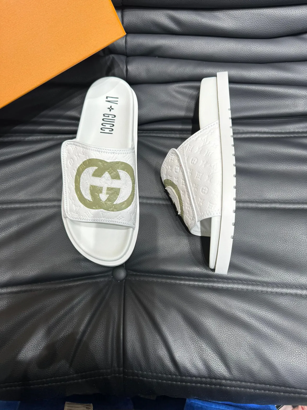 Gucci Slide White Army Green Embossed Monogram Interlocking G Logo Slippers 3