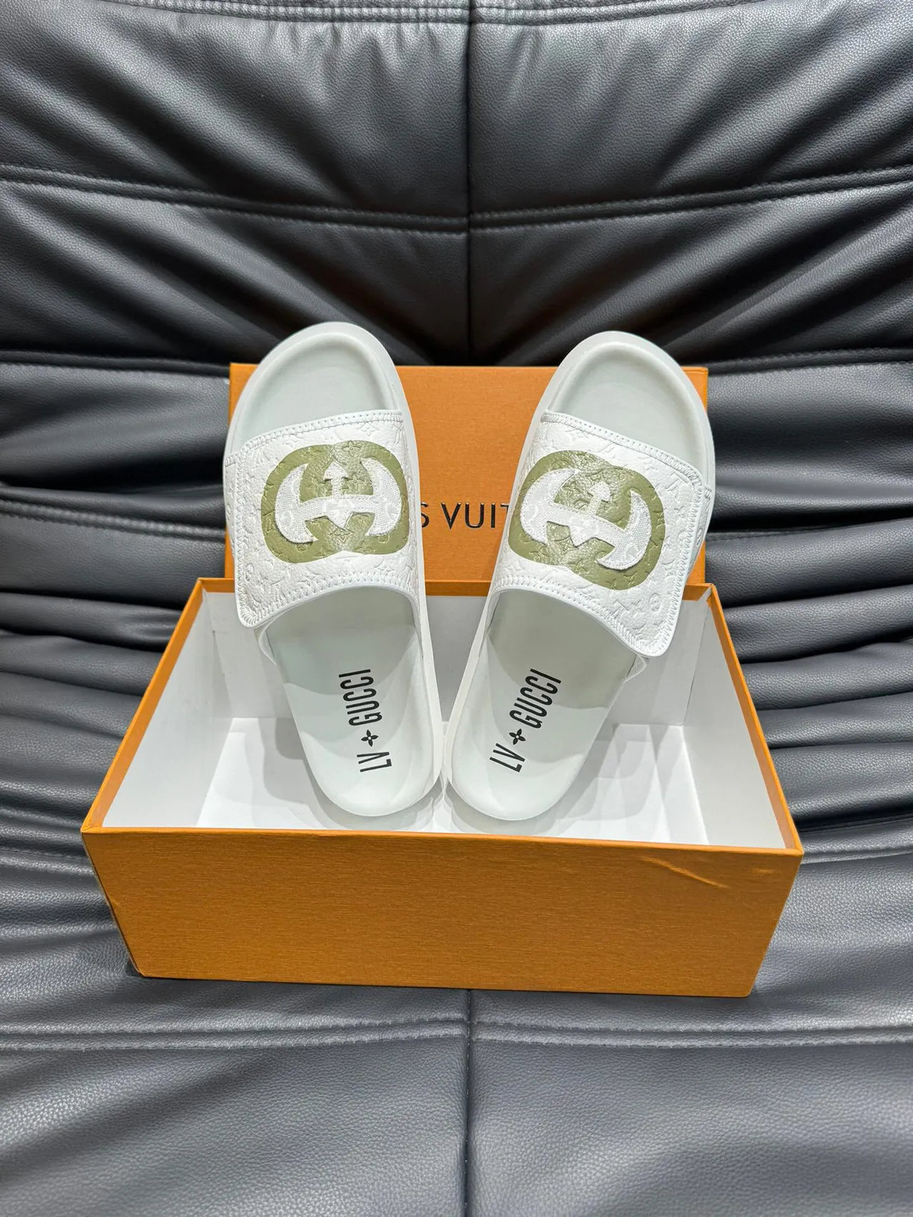 Gucci Slide White Army Green Embossed Monogram Interlocking G Logo Slippers 5