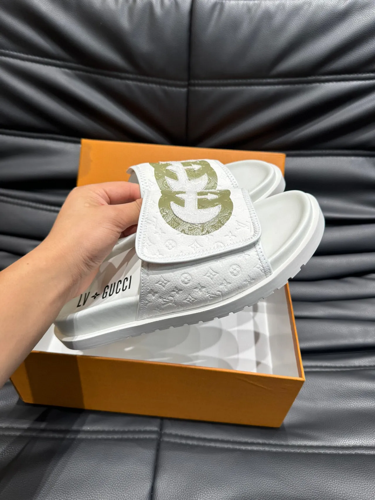 Gucci Slide White Army Green Embossed Monogram Interlocking G Logo Slippers 6