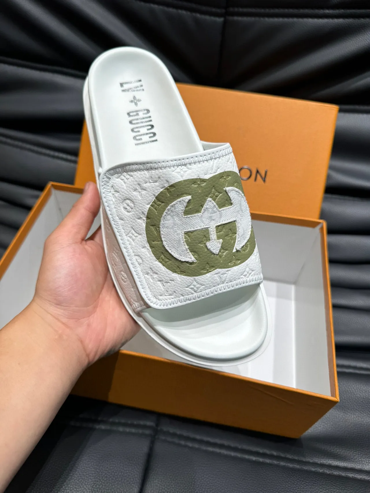 Gucci Slide White Army Green Embossed Monogram Interlocking G Logo Slippers 7