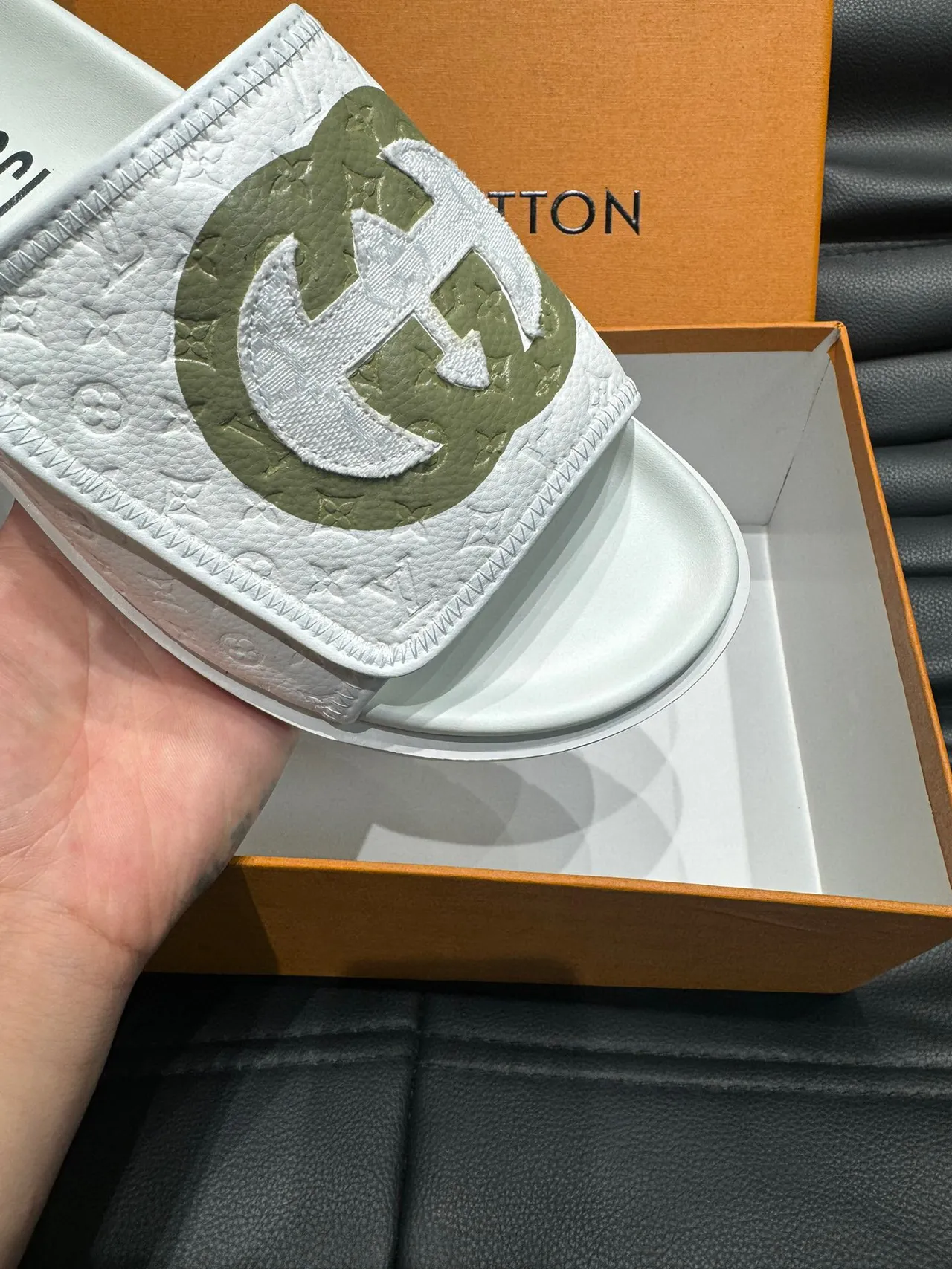 Gucci Slide White Army Green Embossed Monogram Interlocking G Logo Slippers 8