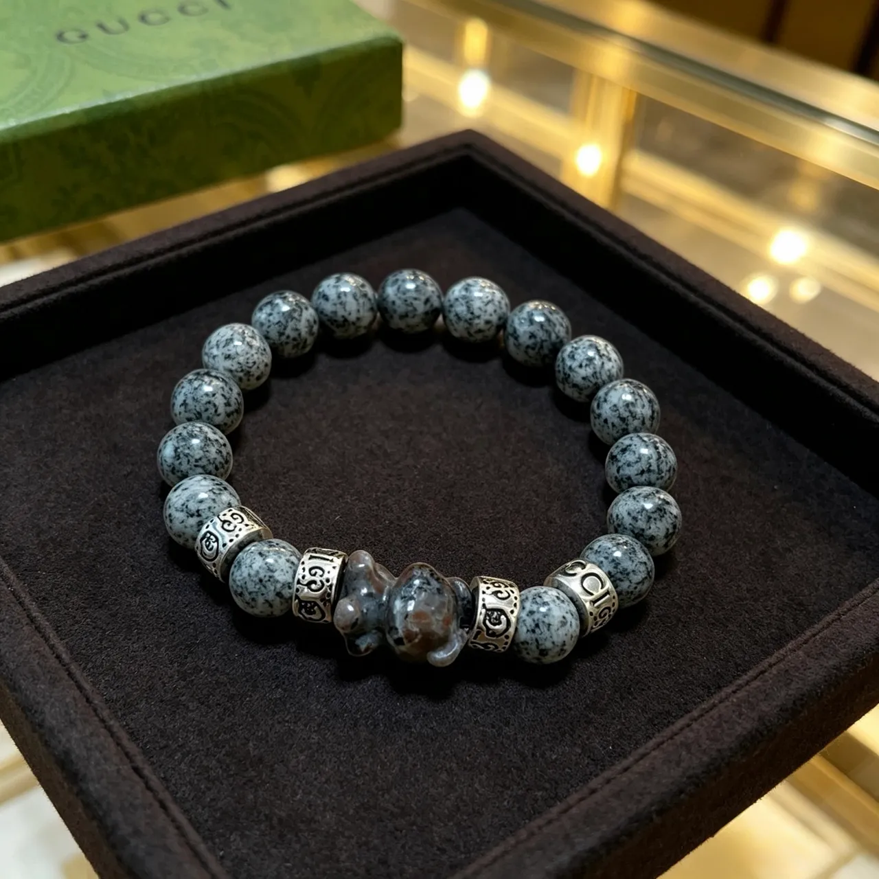 Gucci Speckled Stone and Silver-Tone Engraved Bead Bracelet 2