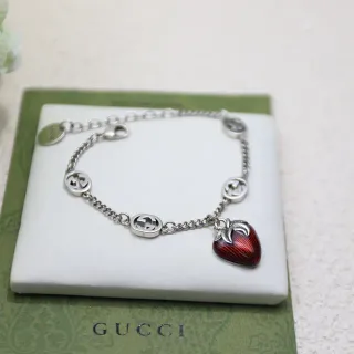 Gucci Strawberry Charm Silver Red Chain Link Interlocking G Charms Bracelet