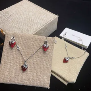 Gucci Strawberry Red Silver Enamel Charms Chain Necklace
