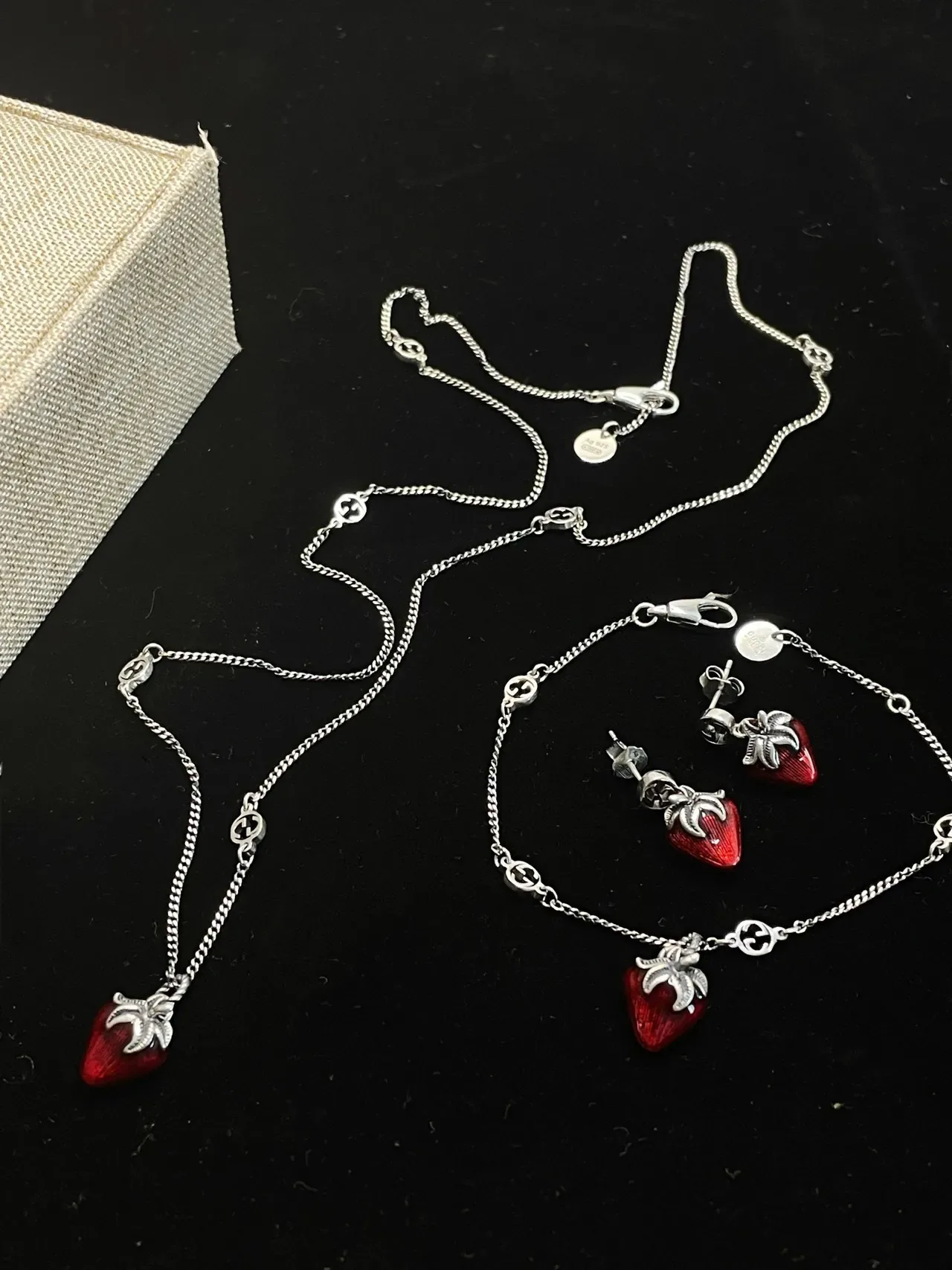 Gucci Strawberry Red Silver Enamel Charms Chain Necklace 5