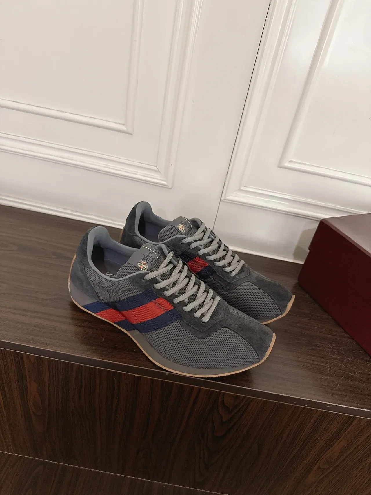 Gucci Tennis 1977 Gray Red Navy Web Stripe Lifestyle Sneakers 5