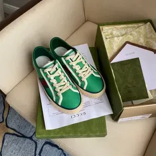 Gucci Tennis 1977 Green Canvas Web Stripe Lifestyle Sneakers