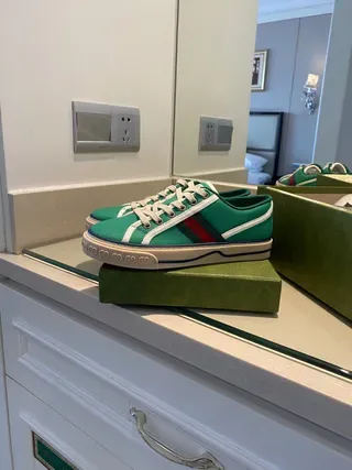 Gucci Tennis 1977 Green Canvas Web Stripe Lifestyle Sneakers 6