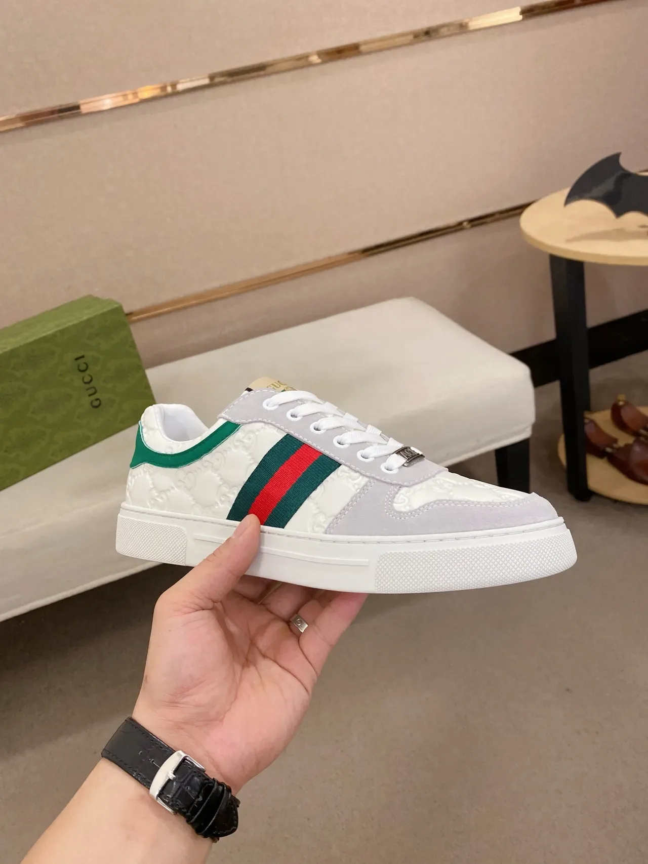 Gucci Tennis 1977 White and Gray Web Stripe Lifestyle Sneakers 4