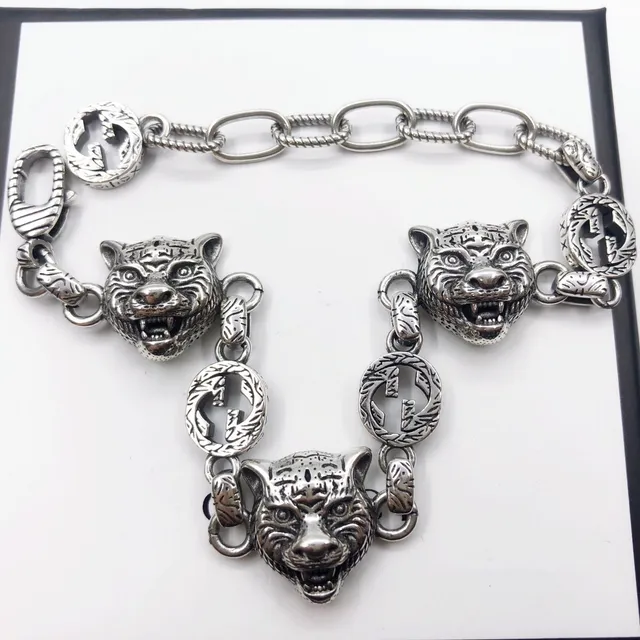 Gucci Tiger Head Bracelet Silver Mixed-Link Chain Bracelet 3