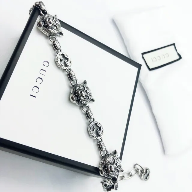 Gucci Tiger Head Bracelet Silver Mixed-Link Chain Bracelet 4