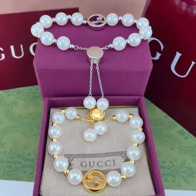 Gucci White Gold Pearl Strand Hardware Bracelet 5