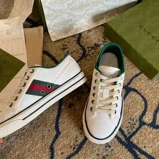 Gucci White Green Embossed GG Monogram Web Stripe Detail Lifestyle Sneakers