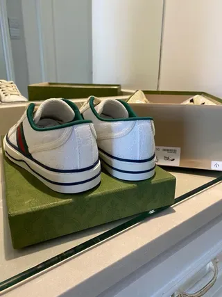 Gucci White Green Embossed GG Monogram Web Stripe Detail Lifestyle Sneakers 7