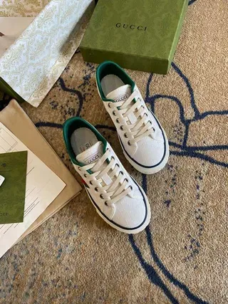 Gucci White Green Embossed GG Monogram Web Stripe Detail Lifestyle Sneakers 9
