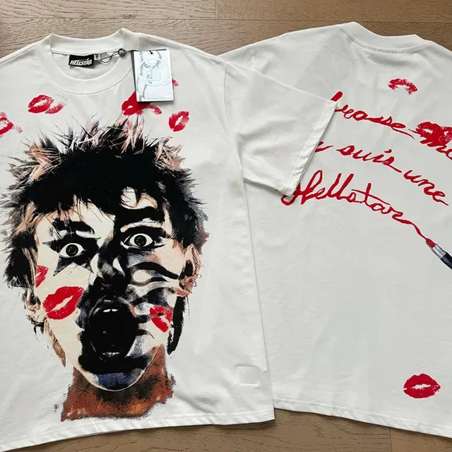 Hellstar Oversized Graphic-Print White Red Lipstick Motif T-Shirt 7