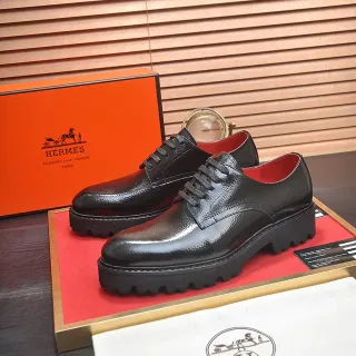 Hermès Black Red Textured Leather Closed Lacing Oxford Shoes