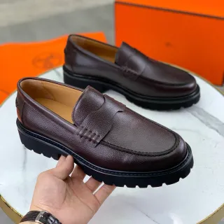 Hermès Brown Black Pebbled Leather Penny Strap Loafer