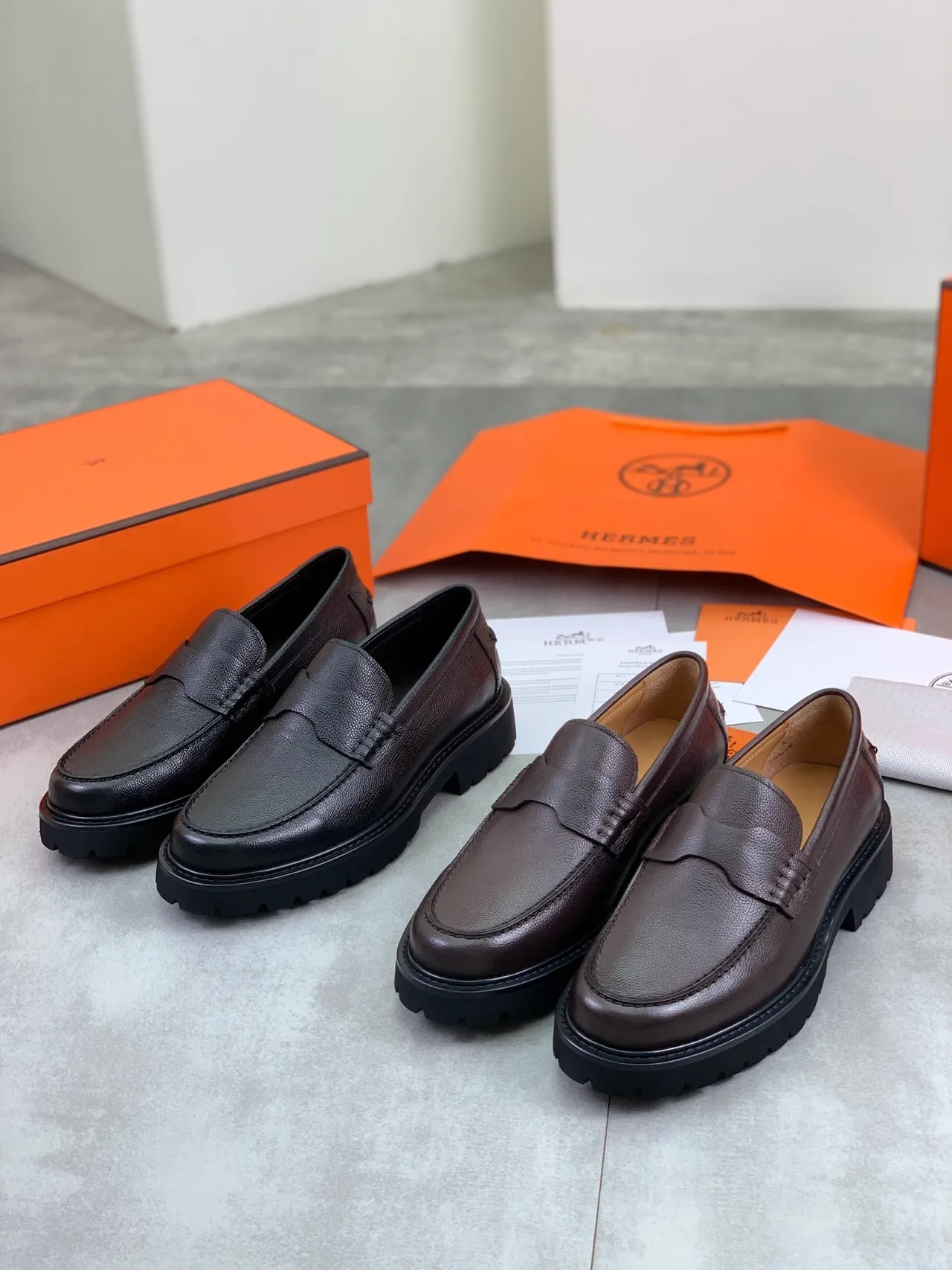 Hermès Brown Black Pebbled Leather Penny Strap Loafer 2