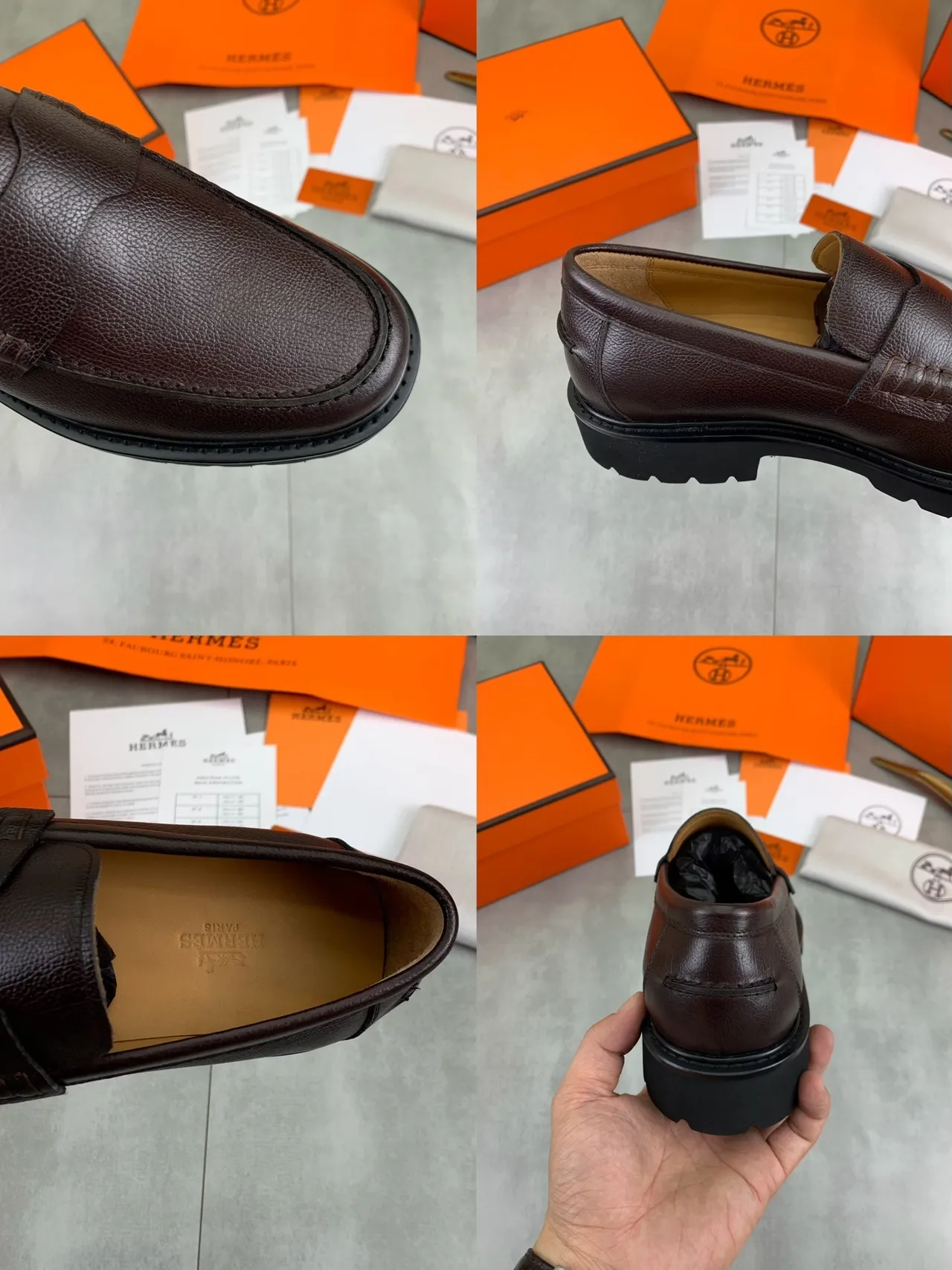 Hermès Brown Black Pebbled Leather Penny Strap Loafer 3