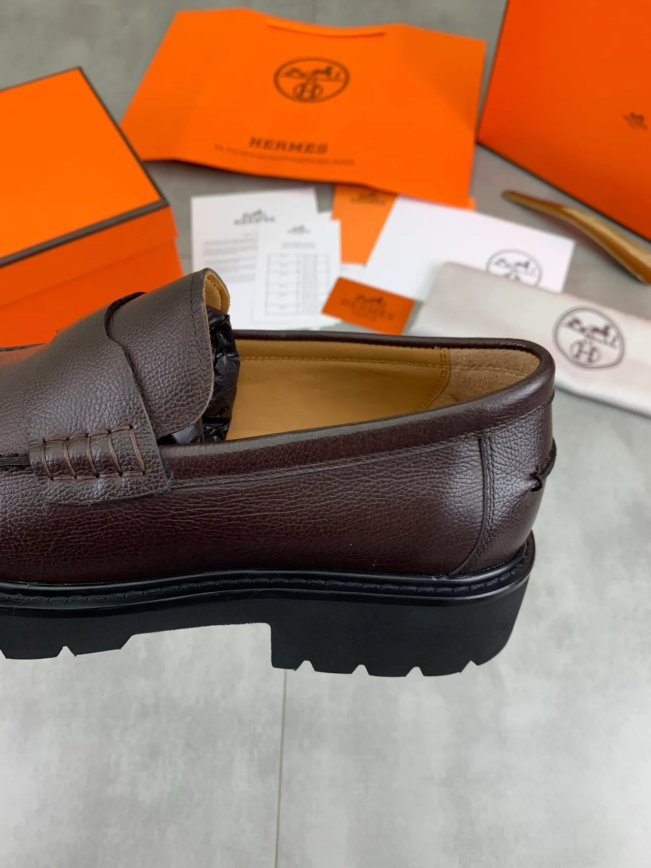Hermès Brown Black Pebbled Leather Penny Strap Loafer 5