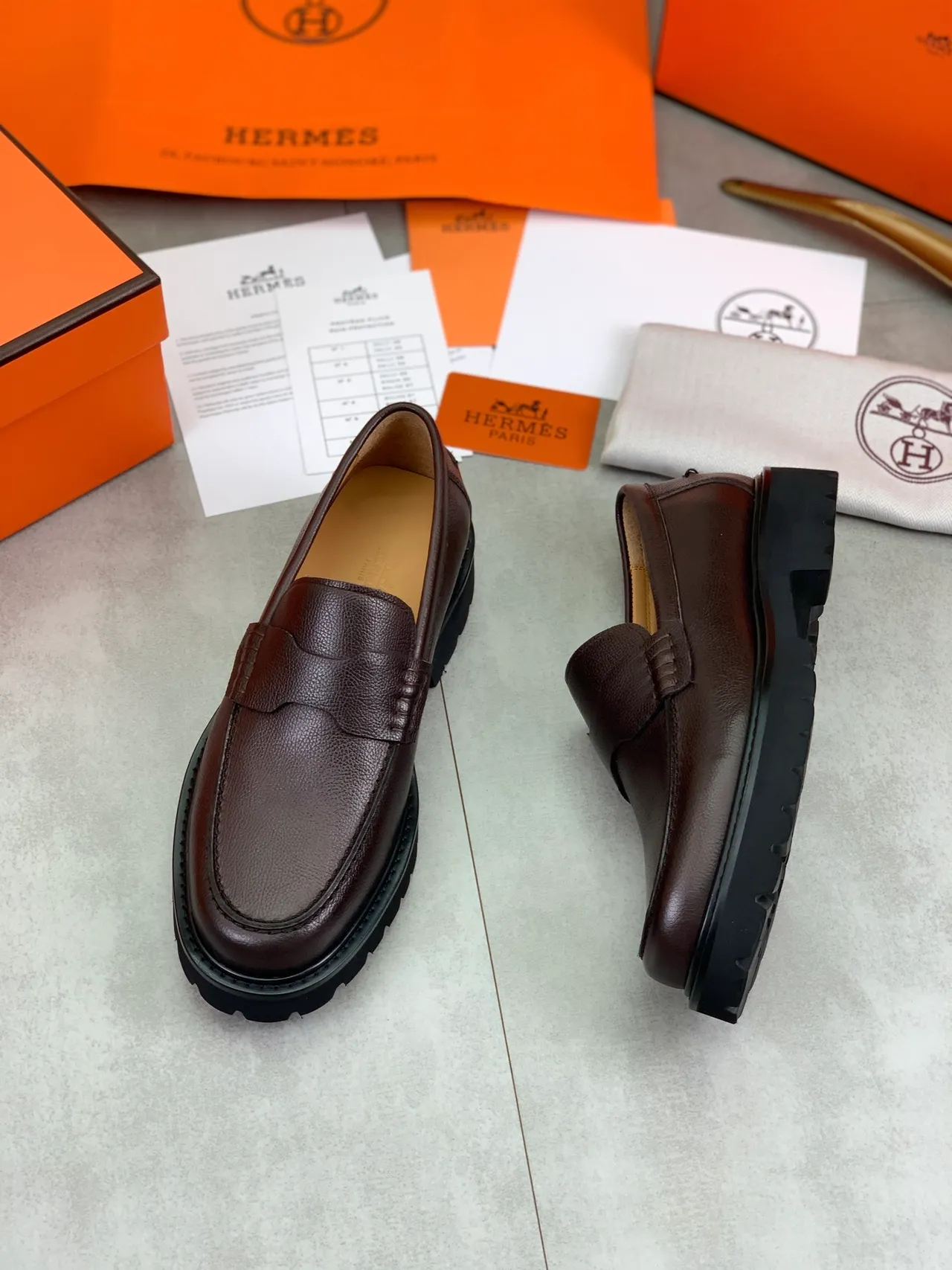 Hermès Brown Black Pebbled Leather Penny Strap Loafer 6