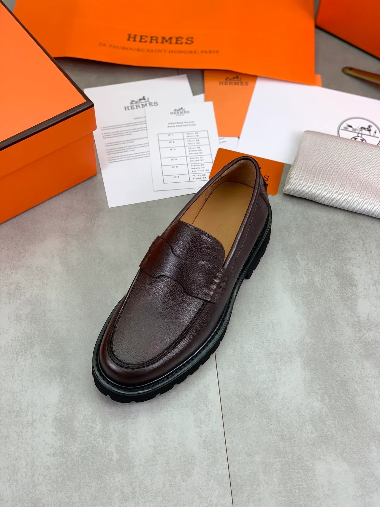 Hermès Brown Black Pebbled Leather Penny Strap Loafer 7