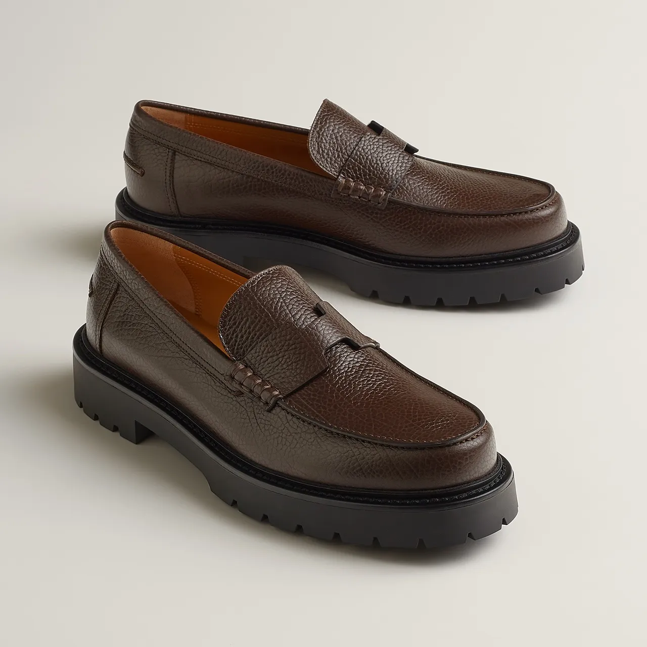 Hermès Brown Black Pebbled Leather Penny Strap Loafer 8