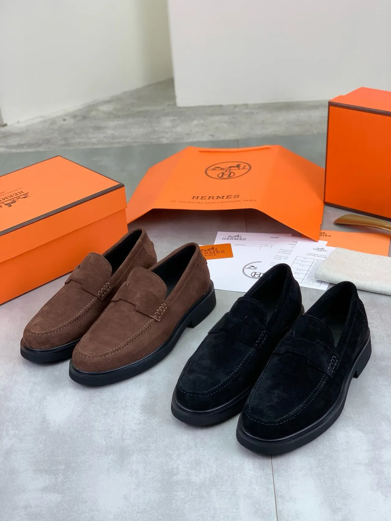 Hermès Brown Black Suede Upper Penny Loafer 2