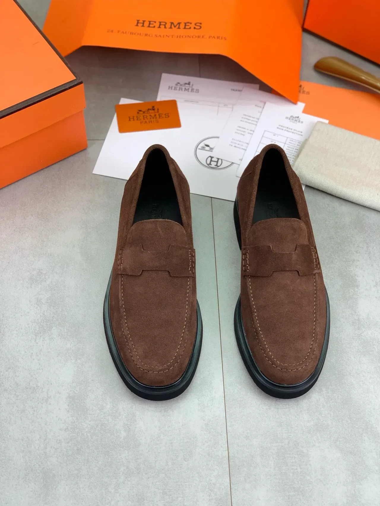 Hermès Brown Black Suede Upper Penny Loafer 5