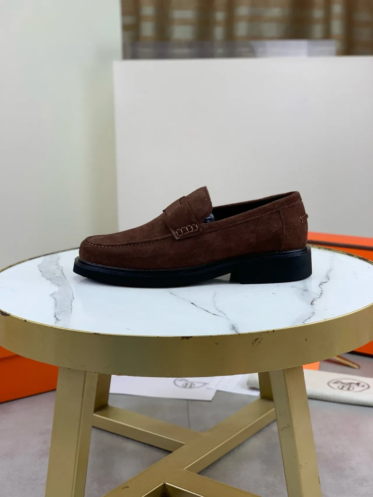 Hermès Brown Black Suede Upper Penny Loafer 6
