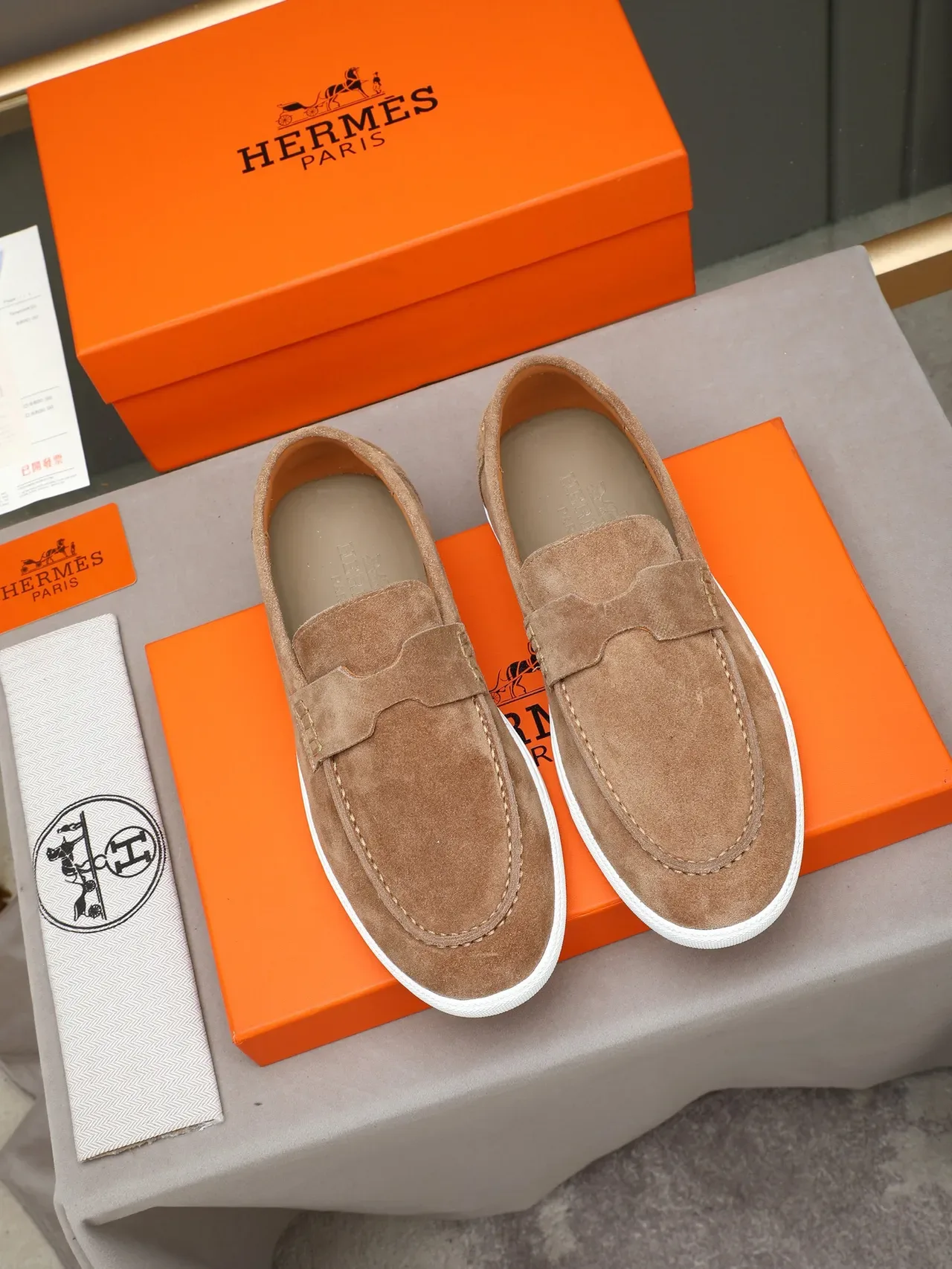 Hermès Brown White Suede Upper Penny Strap Loafer 2