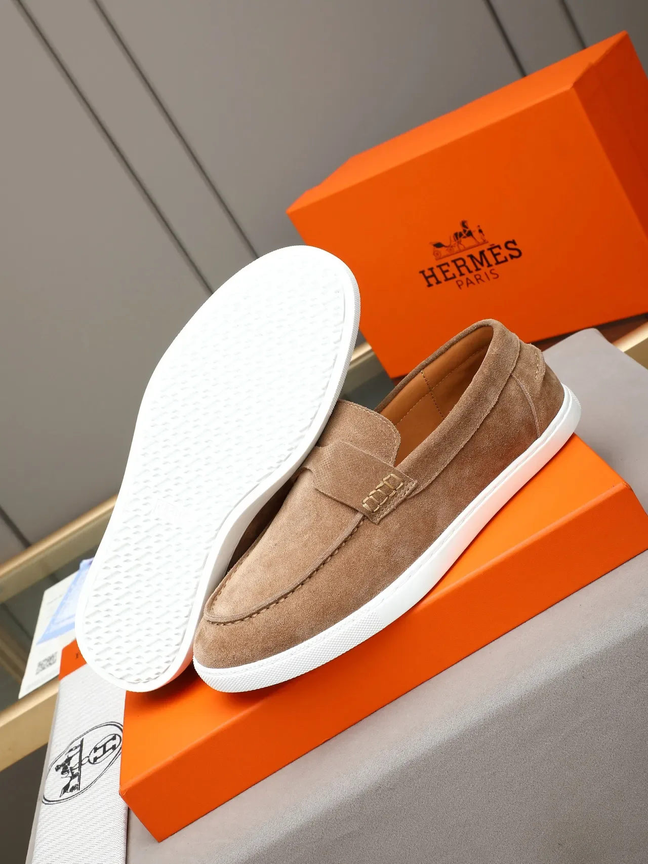 Hermès Brown White Suede Upper Penny Strap Loafer 4