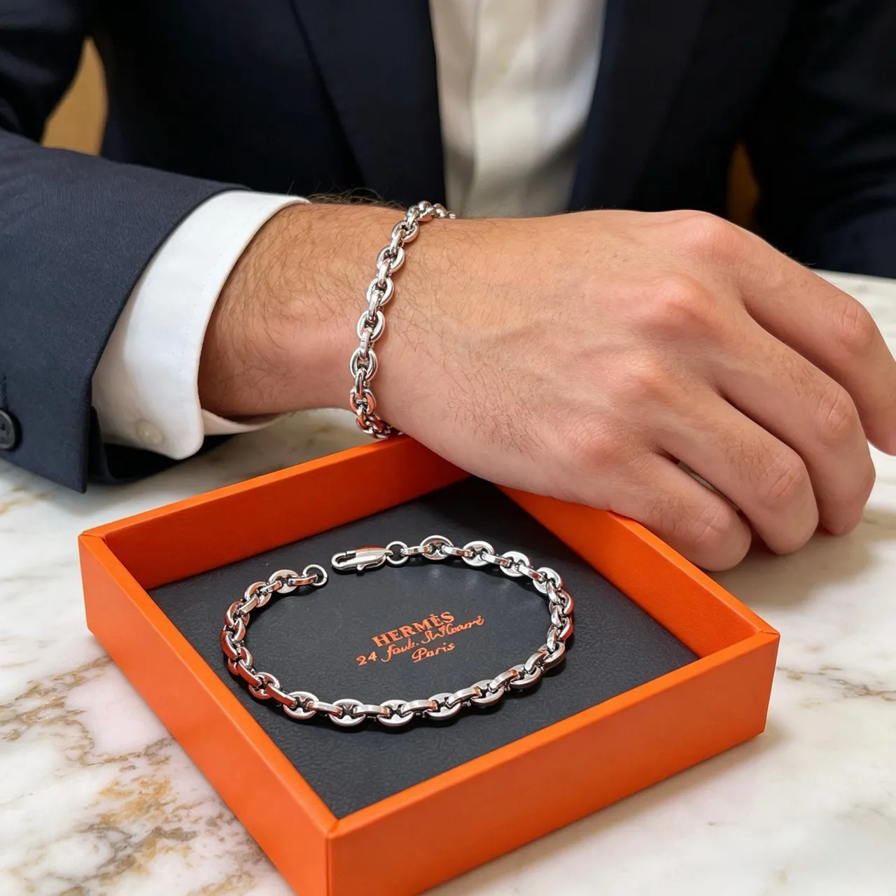 Hermès Chaine d'Ancre Polished Silver Link Bracelet 6