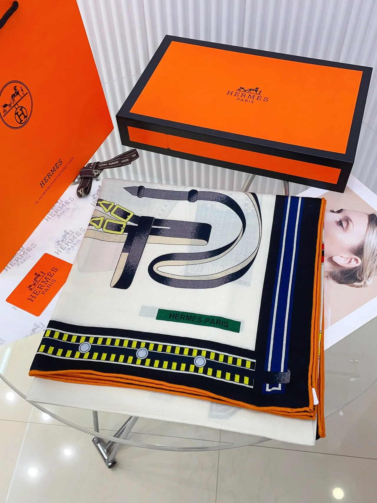 Hermès Graphic Striped Navy and Yellow Silk Scarf 5