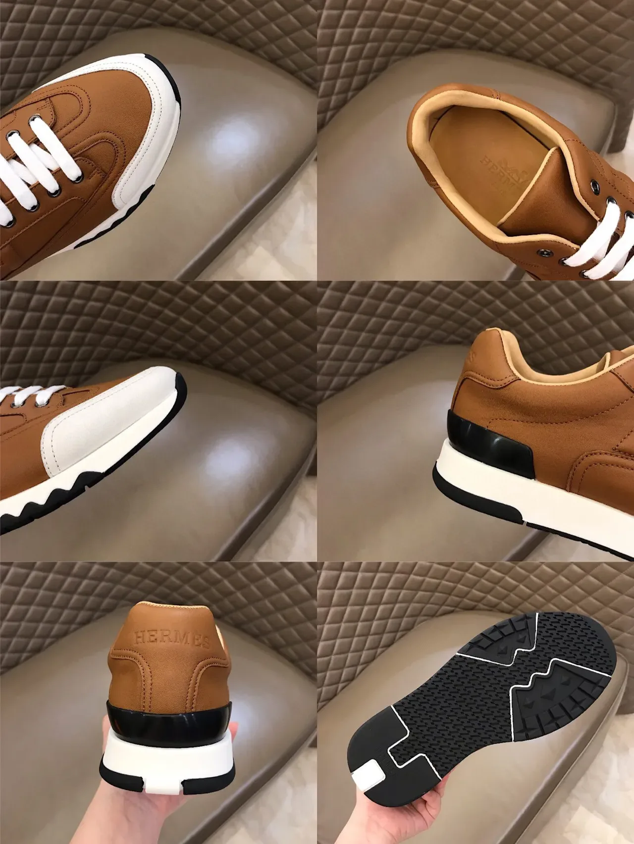 Hermès H Course বাদামী চামড়া এবং সাদা বৈপরীত্য সোল লাইফস্টাইল স্নিকার 2