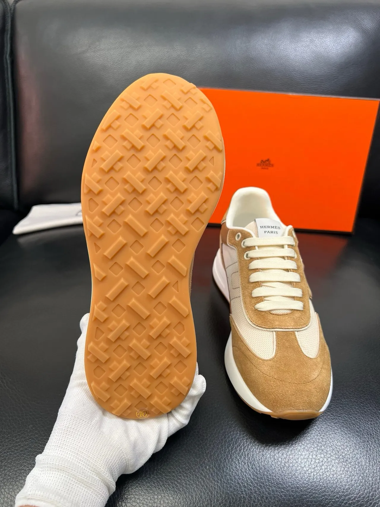 Hermès H-Racer Tan and Beige Lifestyle Sneakers 2