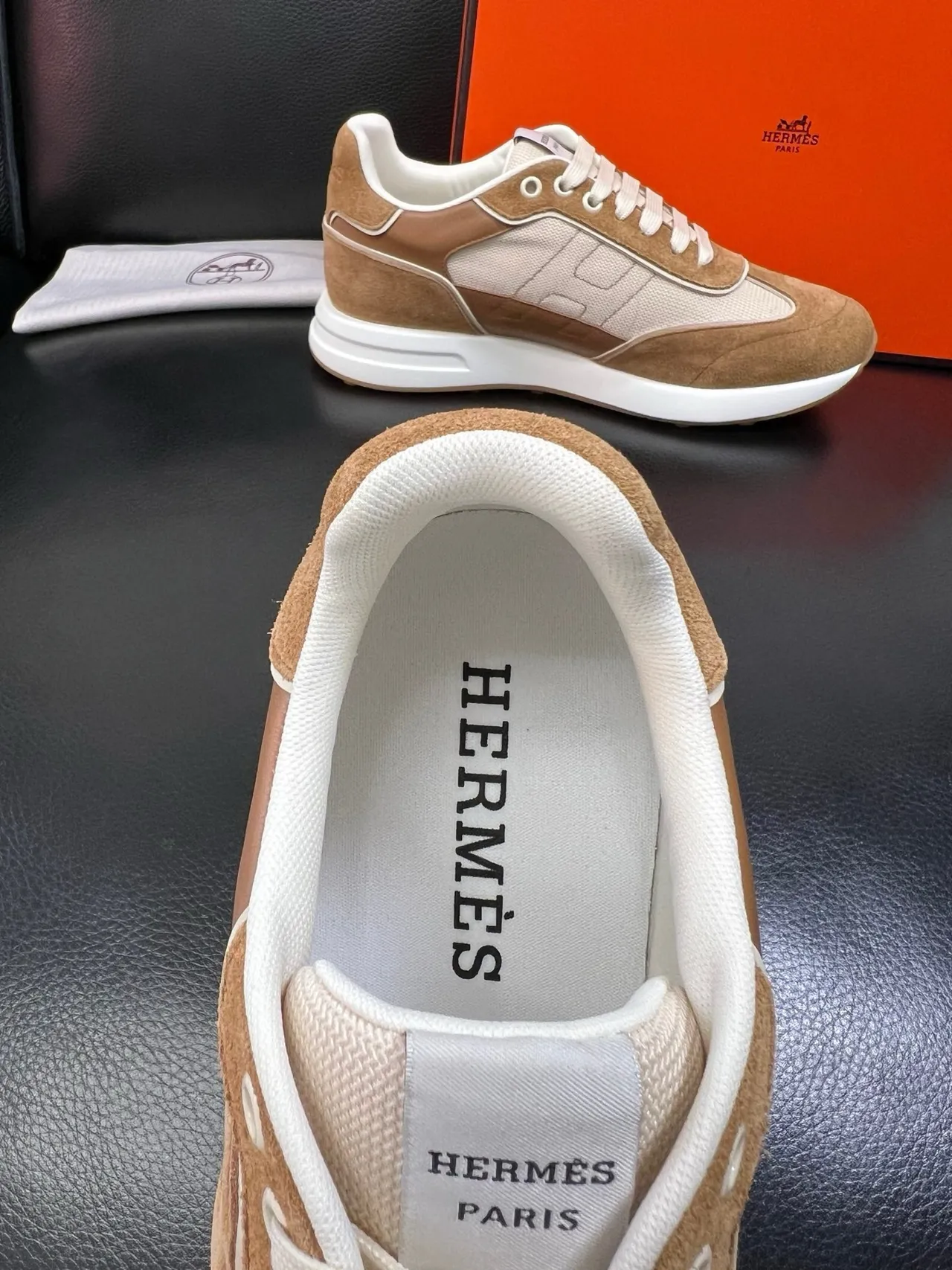 Hermès H-Racer Tan and Beige Lifestyle Sneakers 4