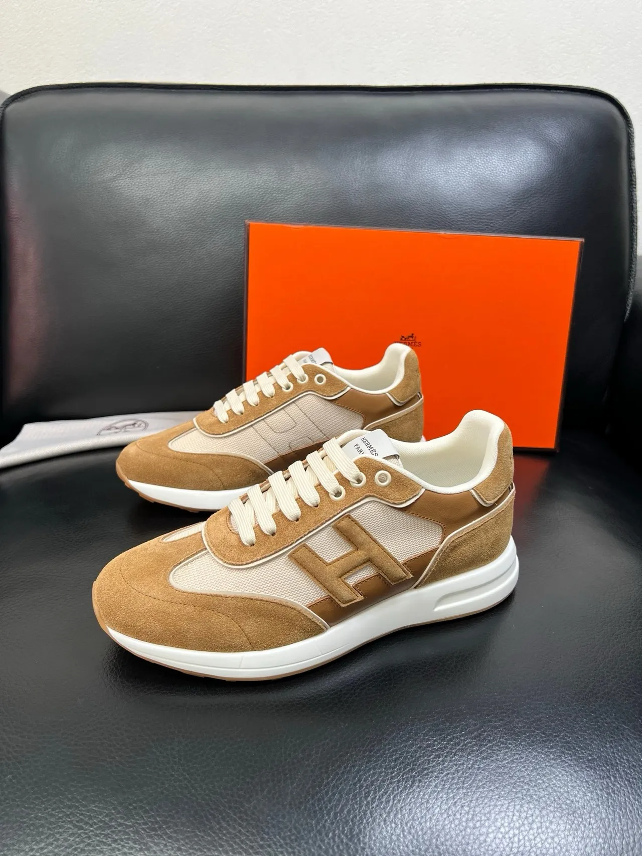 Hermès H-Racer Tan and Beige Lifestyle Sneakers 5