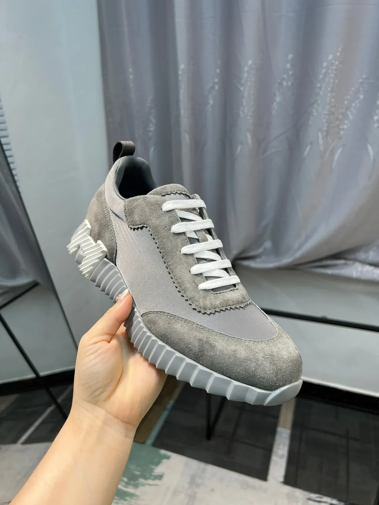 Hermès H-Ride Tênis Lifestyle de Camurça Cinza e Nylon 6