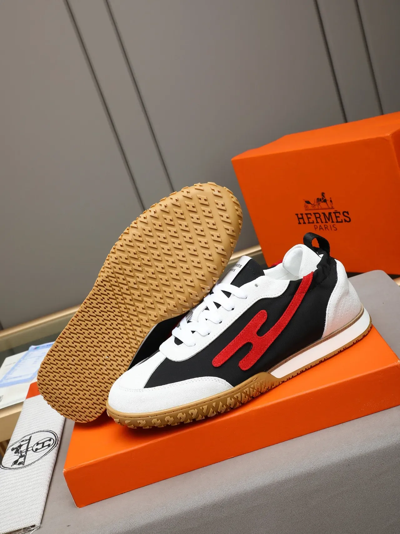 Hermès H Sneaker Black White Red Embroidered Logo Lifestyle Sneakers 4