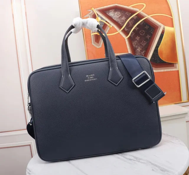 Hermès Herbag Navy Blue Structured Pebbled Leather Briefcase Handbag 8
